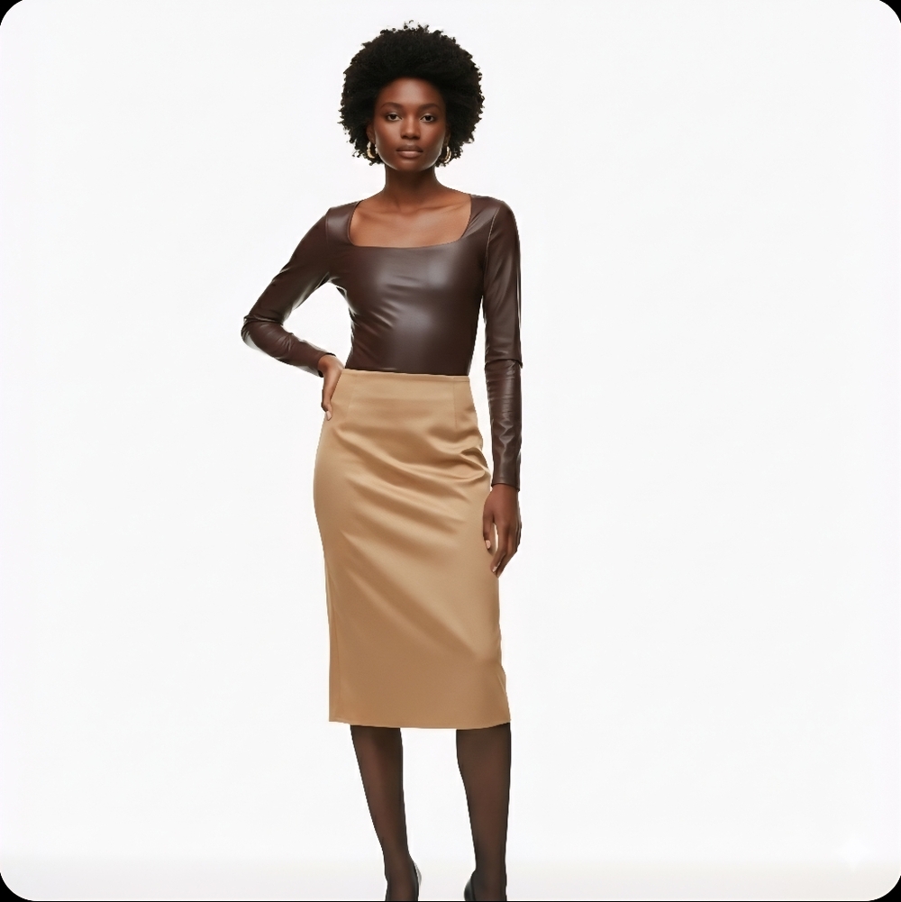 Ten by Babaton Glamour Bodysuit Square Neck Brown‎ Faux Leather Size Small